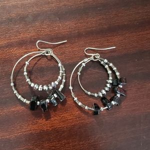 Silver and Black Beaded Hoop Earrings